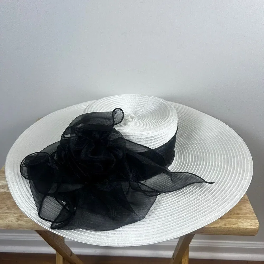 Tally Taylor Wide Brim Church Hat White Black Organza Bow Derby Dress Hat NWT